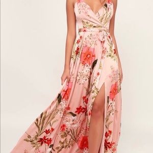 Pink Floral Floral Print Satin Maxi dress